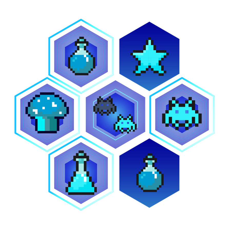 Honeycomb of multiple hexes and icons, one slider position